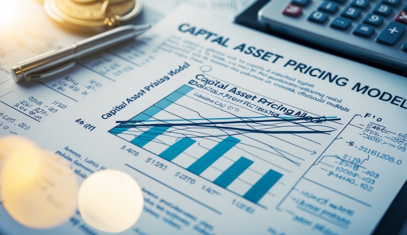 A graph with intersecting lines representing the Capital Asset Pricing Model and other asset pricing models, surrounded by financial data and equations