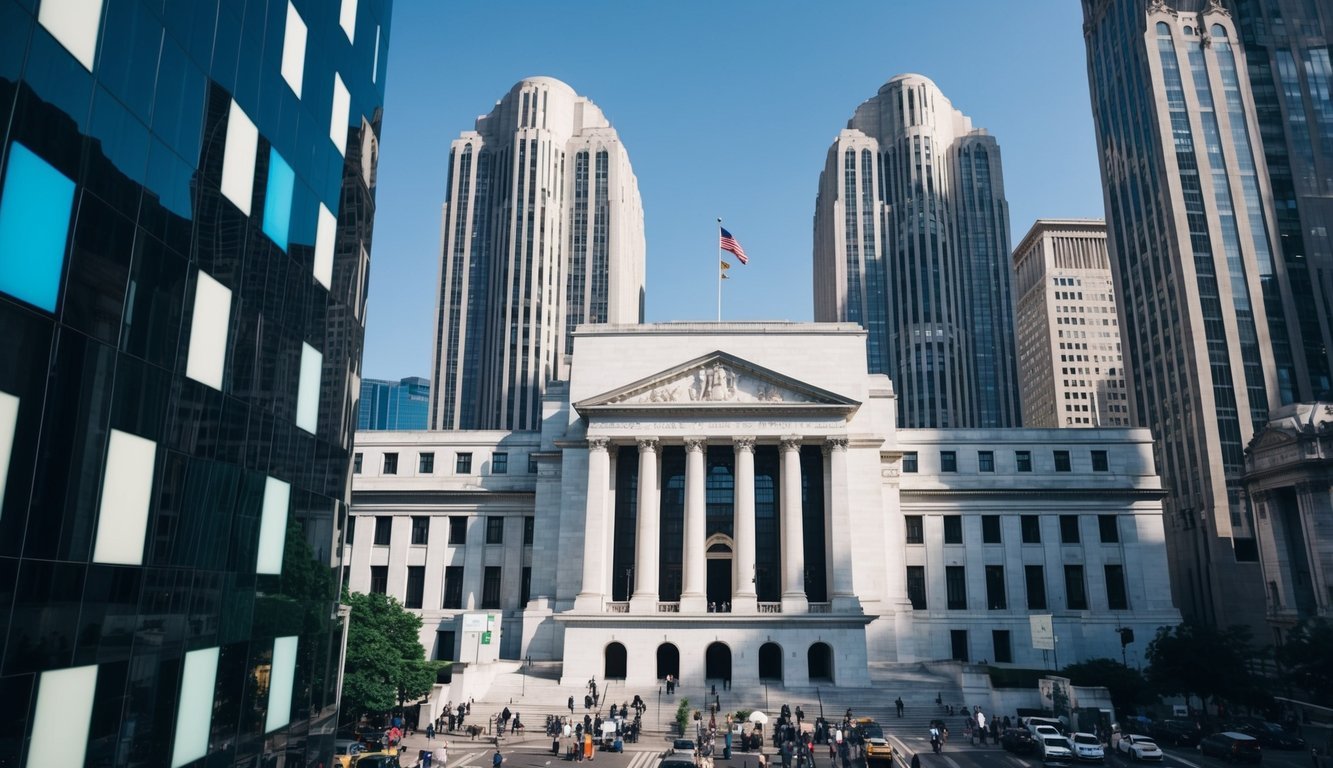 A grand, imposing central bank building overlooks a bustling financial market, with traders and investors conducting business amidst towering skyscrapers