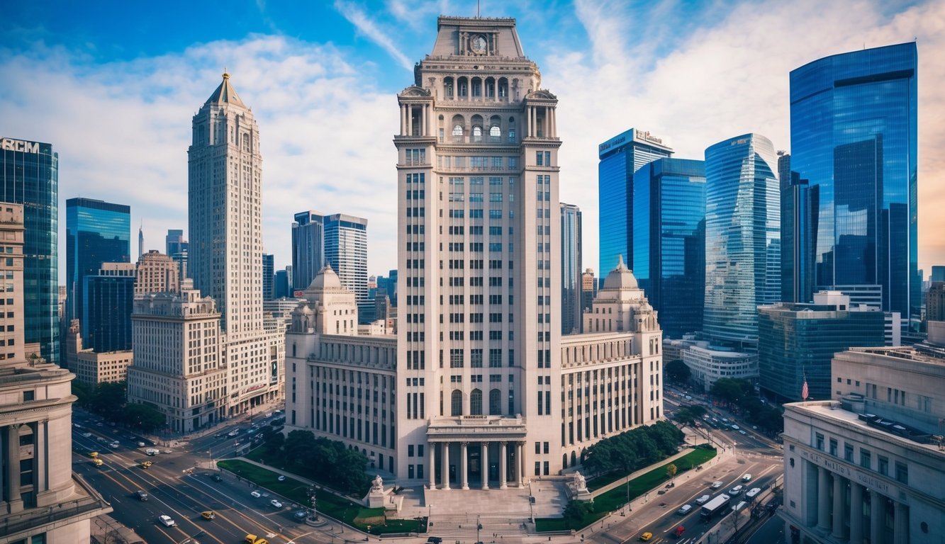 A grand, imposing central bank building stands tall amidst a bustling financial district, surrounded by skyscrapers and busy streets