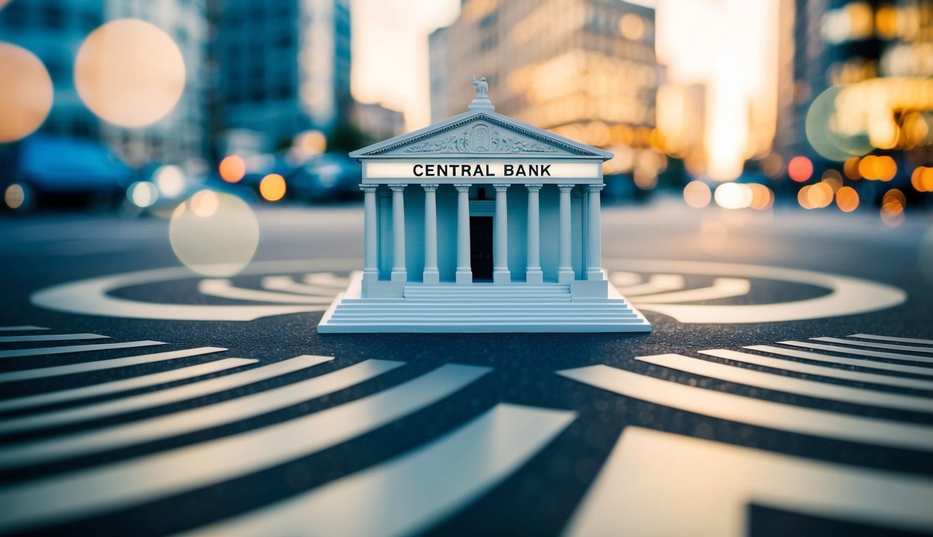 A central bank stands at the crossroads of monetary and fiscal policy, overseeing the intersection of financial markets