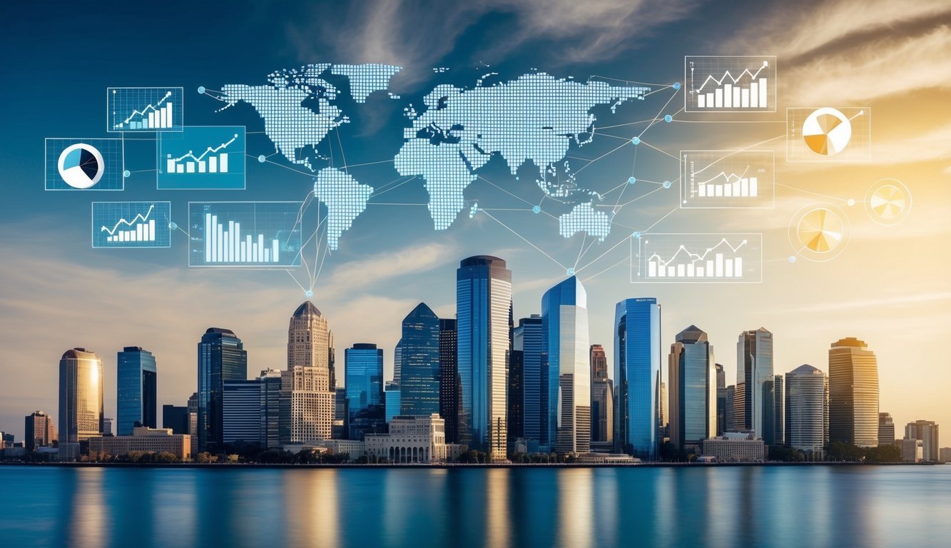 A city skyline with interconnected graphs and charts floating above, representing various financial markets and economic sectors affected by changing interest rates