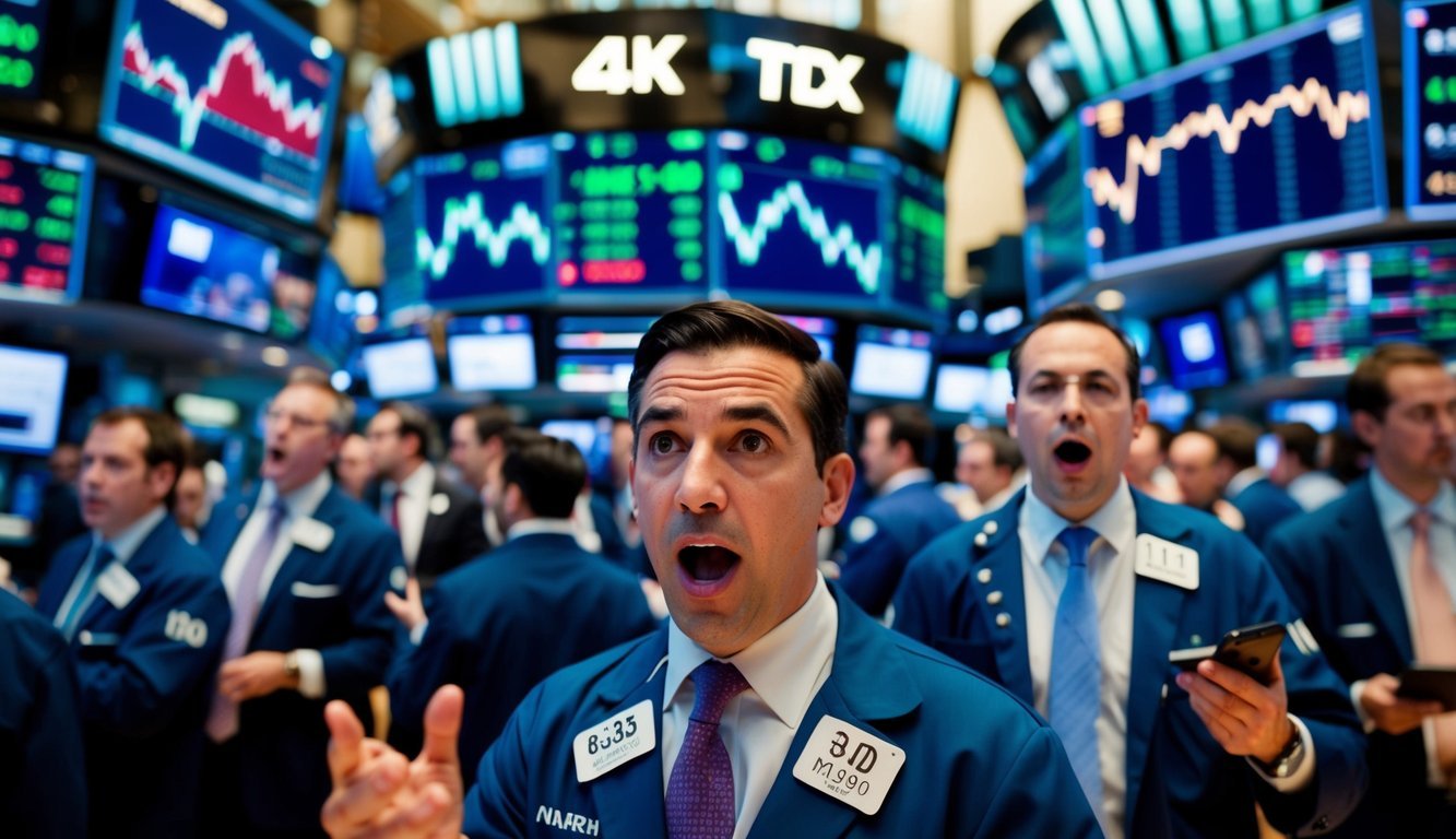 A bustling stock exchange floor with traders gesturing and shouting, while graphs and charts on screens show fluctuating interest rates and market movements