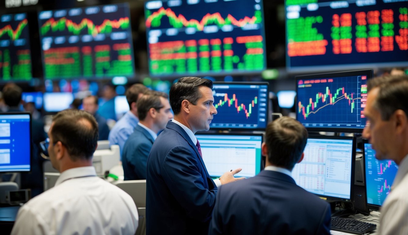 A bustling financial market with fluctuating stock prices and interest rate charts displayed on screens.</p><p>Traders are engaged in intense discussions while analyzing data