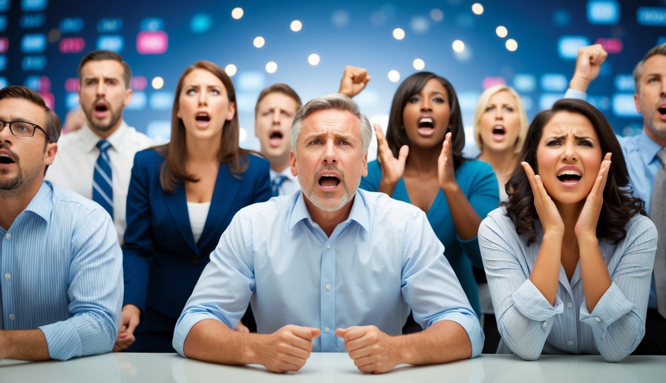 A group of diverse people react emotionally to stock market fluctuations, showing signs of stress, excitement, and frustration