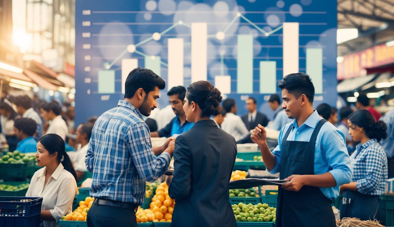 A bustling marketplace with workers and employers negotiating wages and job opportunities amidst a backdrop of supply and demand graphs