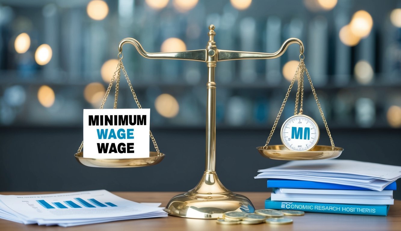 A scale weighing the pros and cons of minimum wage, surrounded by economic research papers and theories