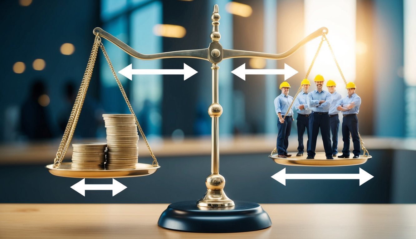 A scale balancing a stack of coins on one side and a group of workers on the other, with arrows pointing to the pros and cons of a minimum wage policy