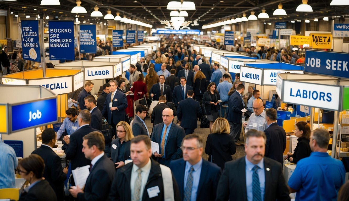 A bustling marketplace with various booths and signs, representing different specialized labor markets.</p><p>Job seekers and employers interact amid the activity