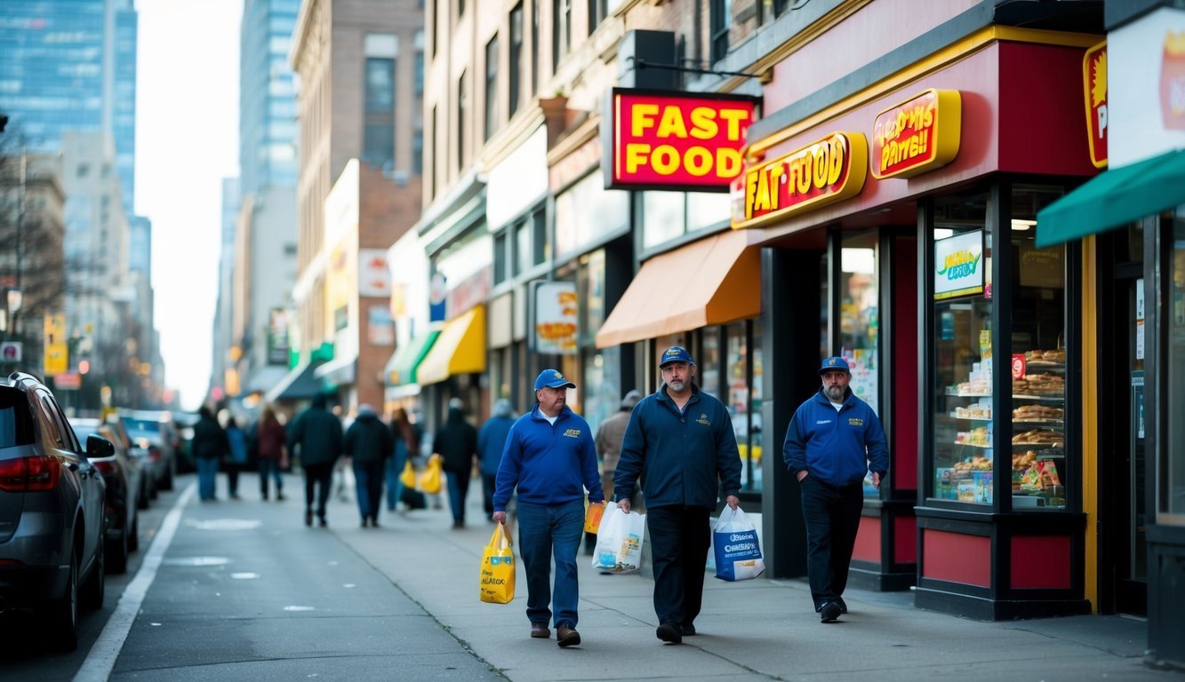 A bustling city street with a mix of small businesses and fast-food restaurants, showing the contrast between low-wage workers and the impact of minimum wage policies on the economy