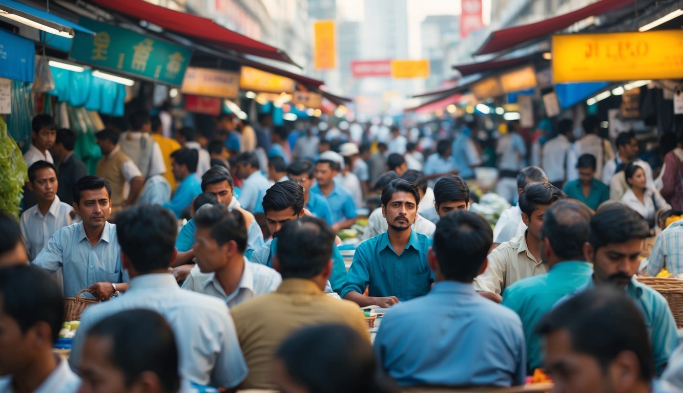 A bustling marketplace with workers seeking employment and employers searching for labor, reflecting the dynamic interaction of labor supply and demand in economic theories