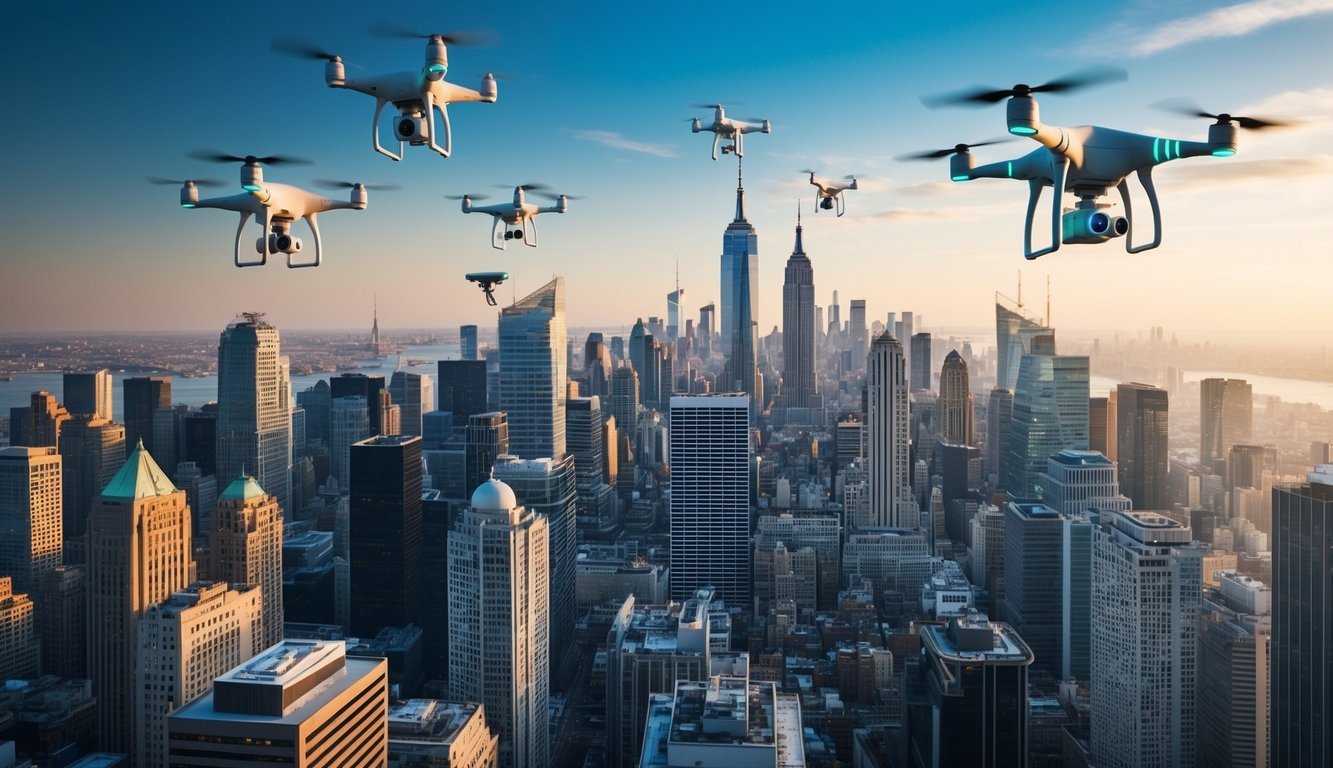 A bustling city skyline with drones and delivery robots zipping through the air while people work remotely from futuristic, high-tech home offices