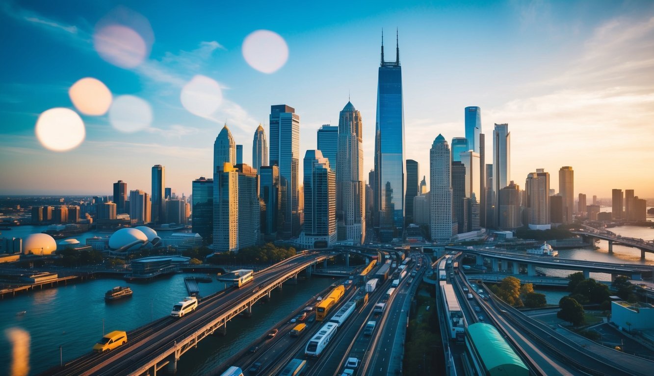 A bustling city skyline with various transportation modes and people working in diverse settings, representing the gig economy and future of work