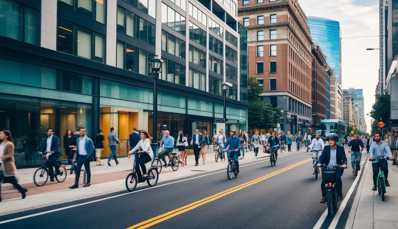 A bustling city street with a mix of traditional office buildings and modern co-working spaces, with people coming and going, some on foot and others on bicycles or scooters