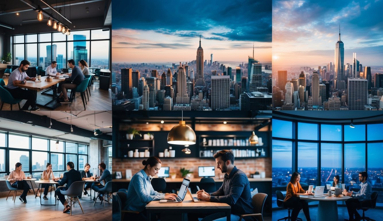 A bustling city skyline with various freelance workers in different settings, such as coffee shops and co-working spaces, symbolizing the gig economy and the changing nature of work