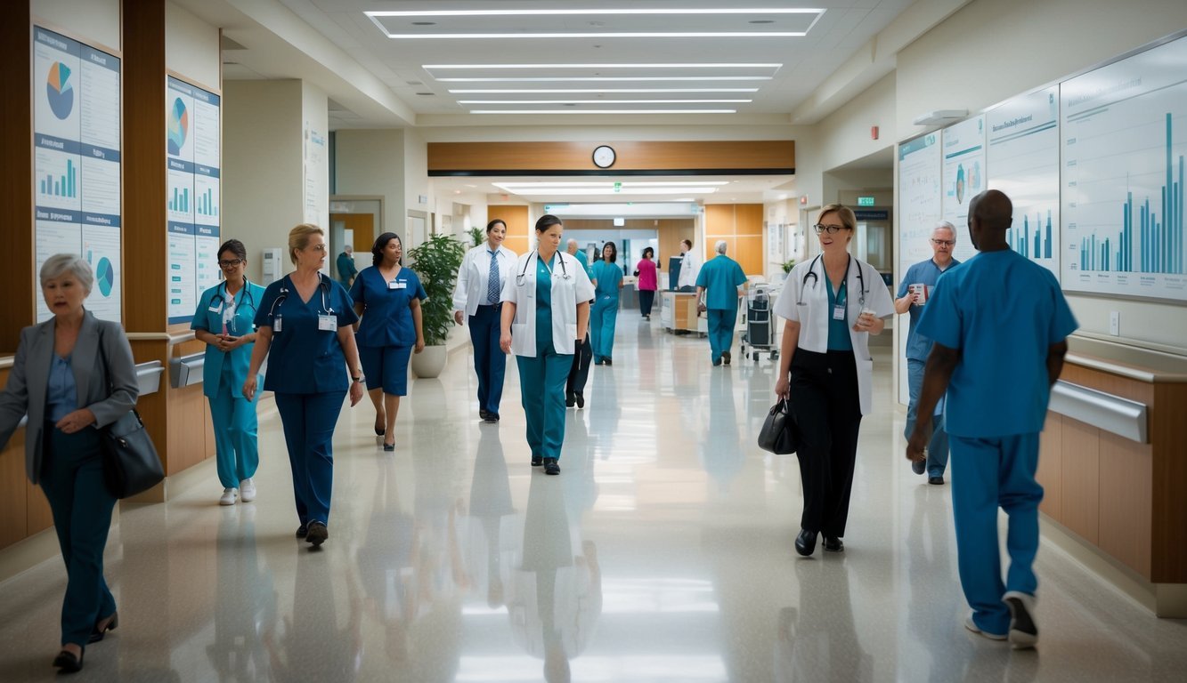 A bustling hospital lobby with patients, doctors, and administrators navigating through the space.</p><p>Charts and graphs line the walls, depicting healthcare spending trends