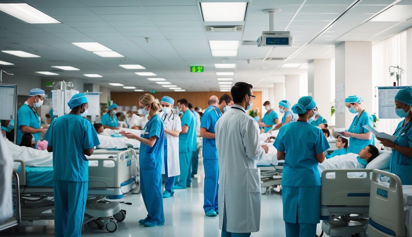 A crowded hospital with doctors and nurses attending to patients, while administrators review charts and budgets