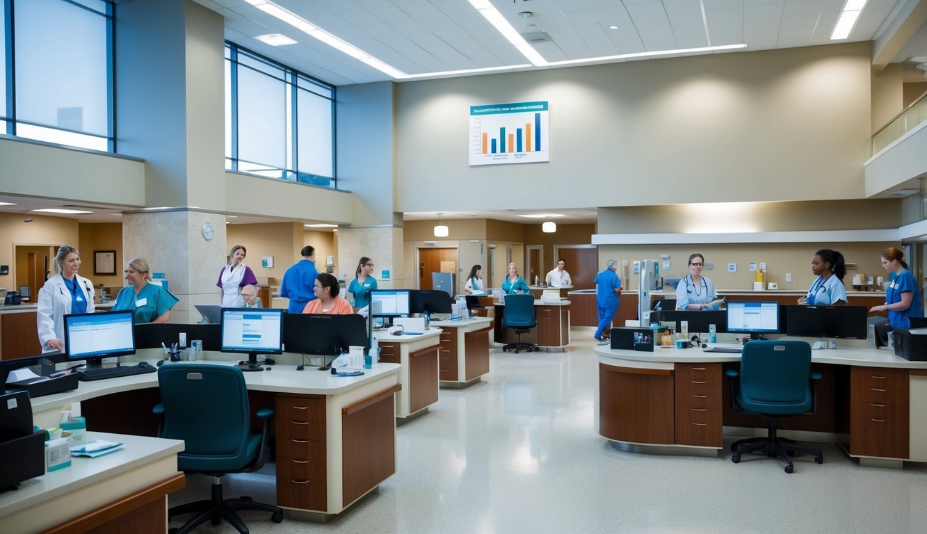 A busy hospital lobby with a mix of patients and staff, medical equipment, and administrative desks.</p><p>A chart comparing healthcare spending hangs on the wall