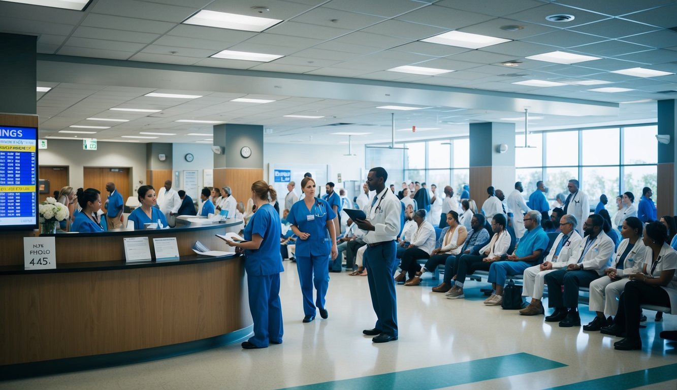 A crowded hospital waiting room with patients, doctors, and nurses.</p><p>A billing counter with paperwork and a display showing rising costs