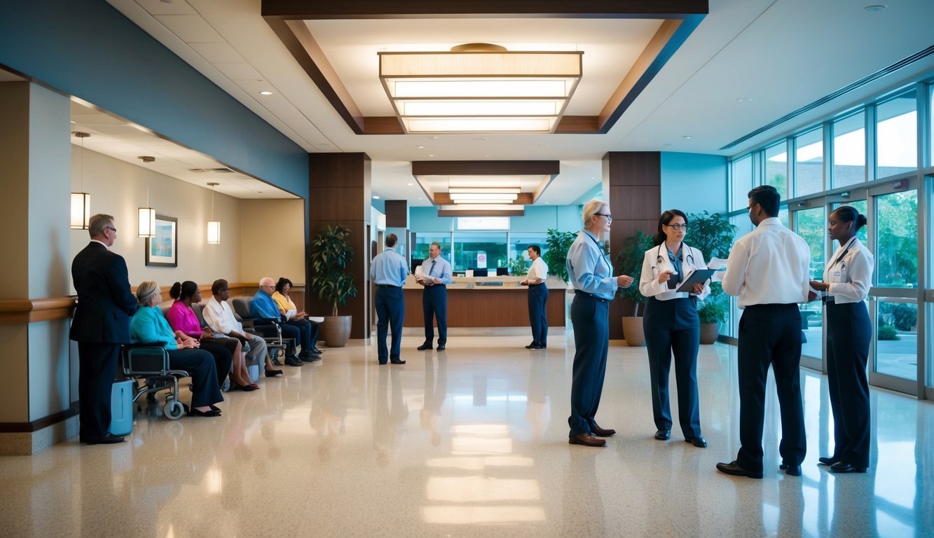 A bustling hospital lobby with patients waiting, staff working, and administrators discussing budgets and policies