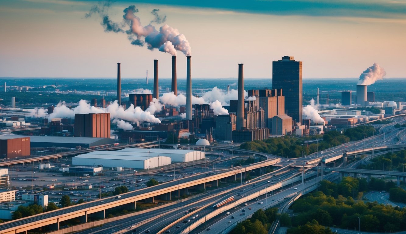 A bustling city skyline with factories, smokestacks, and high-rise buildings surrounded by highways and infrastructure