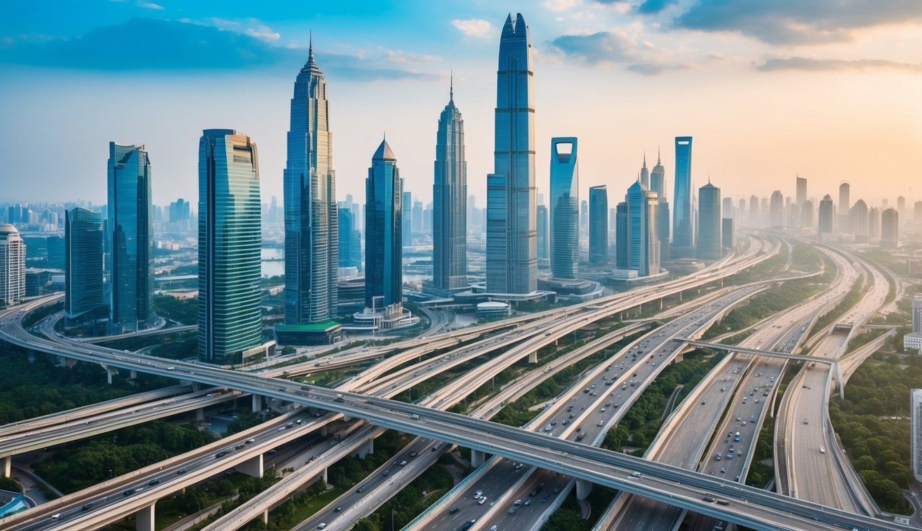 A bustling cityscape with skyscrapers, highways, and advanced technology integrated into the urban infrastructure, showcasing the impact of urbanization on economic growth