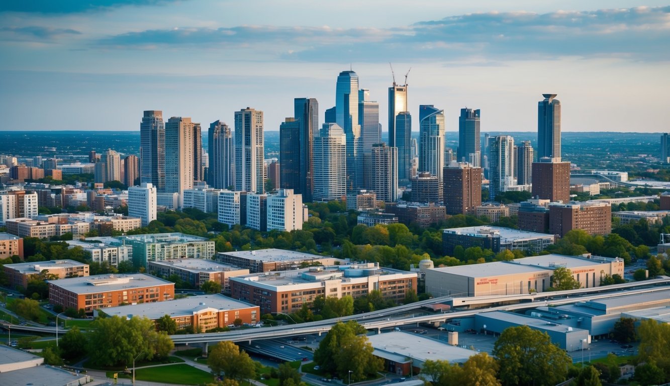 A bustling city skyline with various types of residential buildings and a mix of commercial properties, surrounded by green spaces and transportation infrastructure