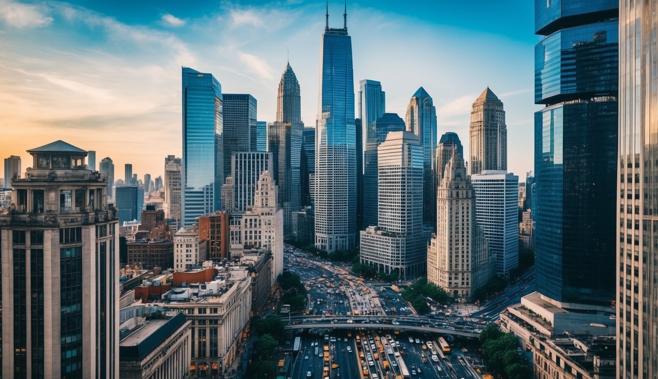 A bustling city skyline with towering skyscrapers and busy streets filled with traffic and people