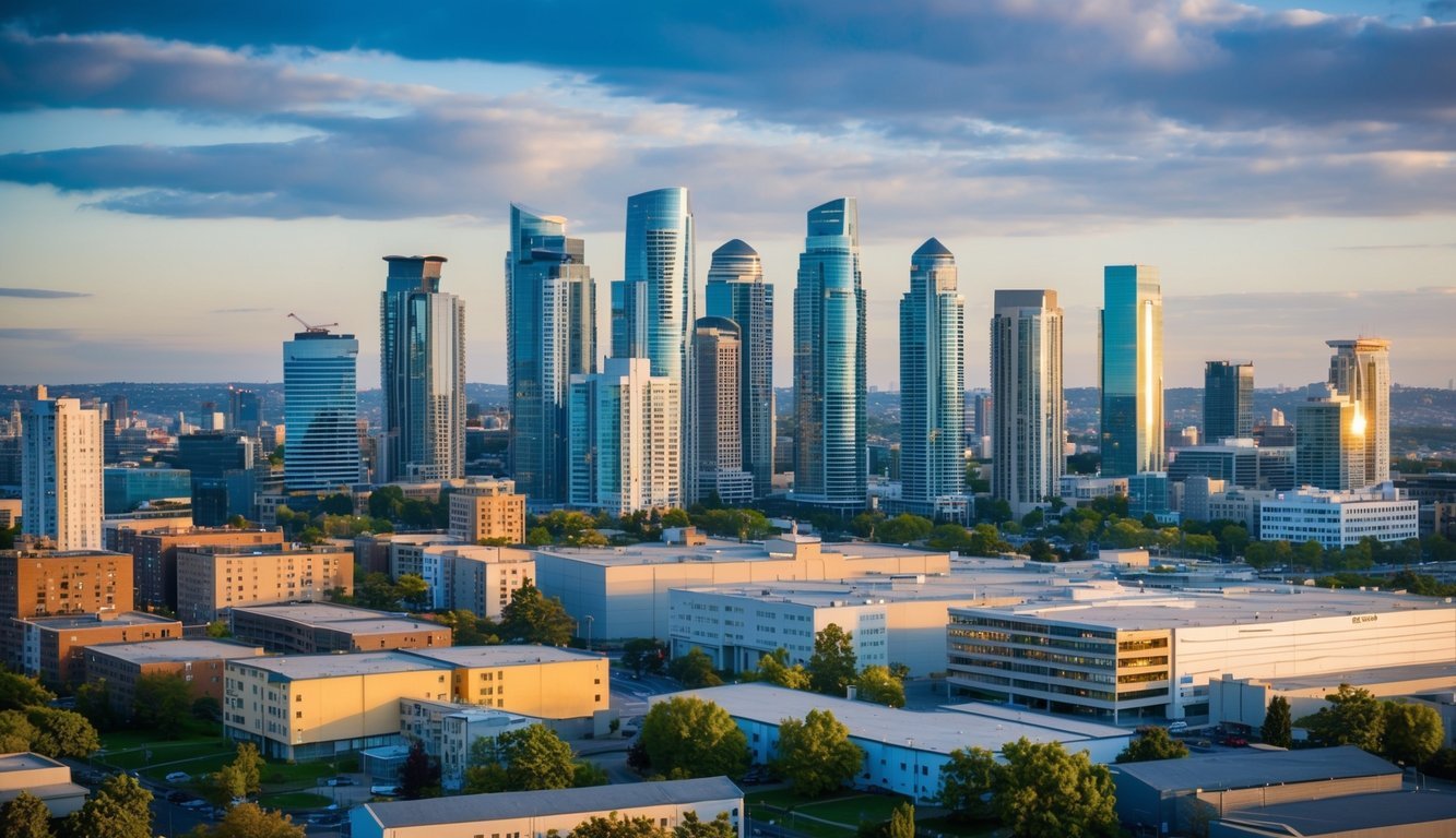 A bustling city skyline with various types of real estate properties, including residential buildings, commercial spaces, and industrial developments.</p><p>The scene is set against a backdrop of a vibrant and dynamic economy