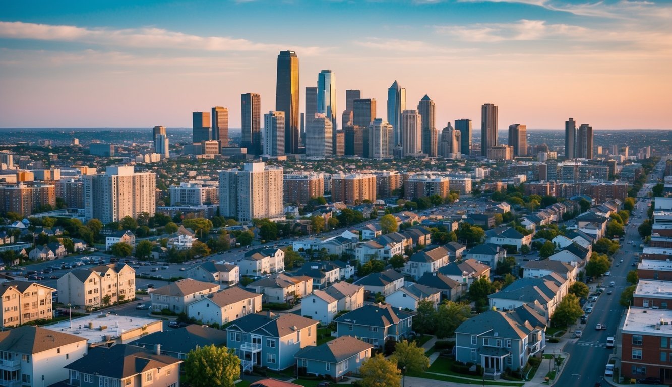 A bustling city skyline with various types of housing, from high-rise apartments to suburban homes, surrounded by bustling streets and commercial buildings