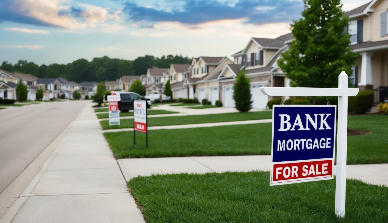 A suburban neighborhood with rows of houses, a bank or mortgage office, and a real estate agent's "For Sale" sign