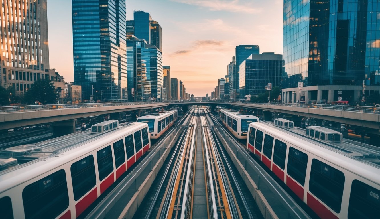 A bustling city with efficient public transportation system connecting various districts and optimizing resource allocation