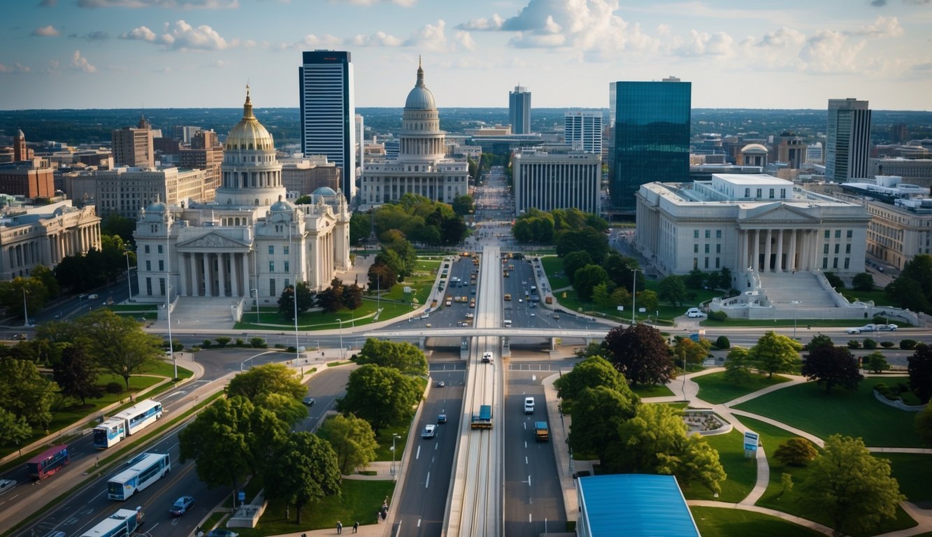 A bustling city with government buildings, roads, and public services.</p><p>Citizens are seen enjoying parks, libraries, and public transportation