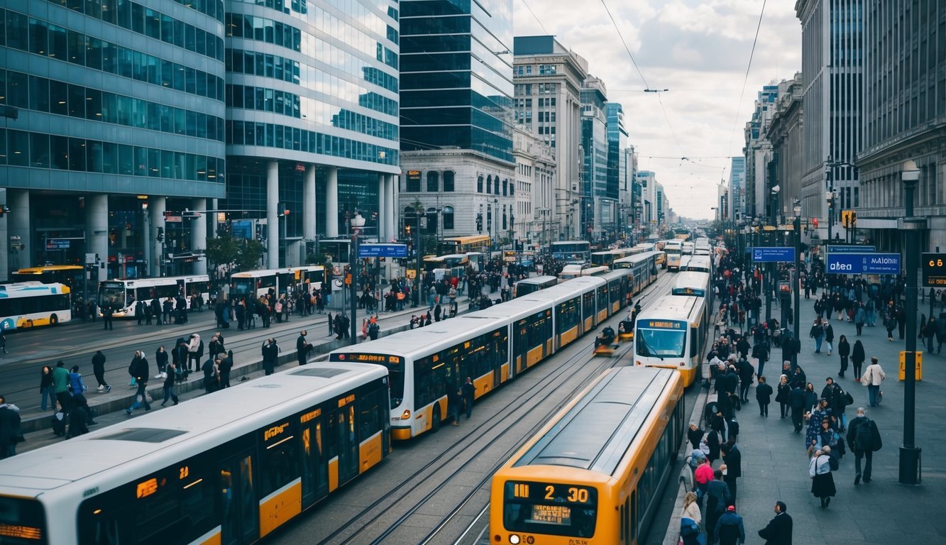 A bustling city with buses, trains, and trams moving through the streets.</p><p>People waiting at stations and using public transportation to navigate the urban landscape