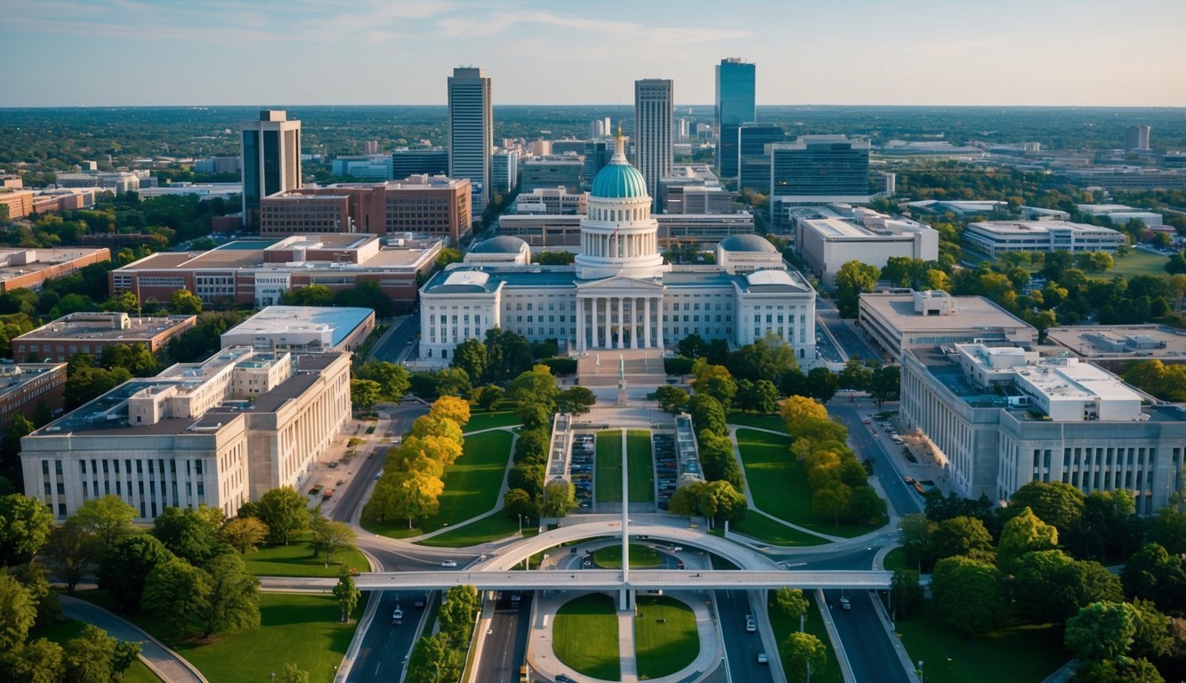 A bustling city with government buildings, schools, and hospitals, surrounded by well-maintained parks and public transportation systems