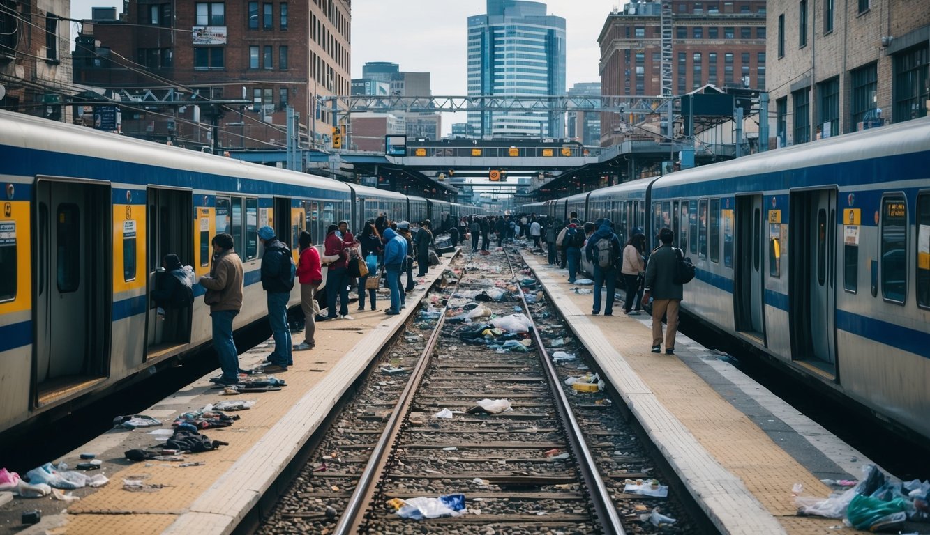 A crowded urban rail station surrounded by dilapidated buildings and littered streets, highlighting the central city poverty and the importance of public transportation in urban economics