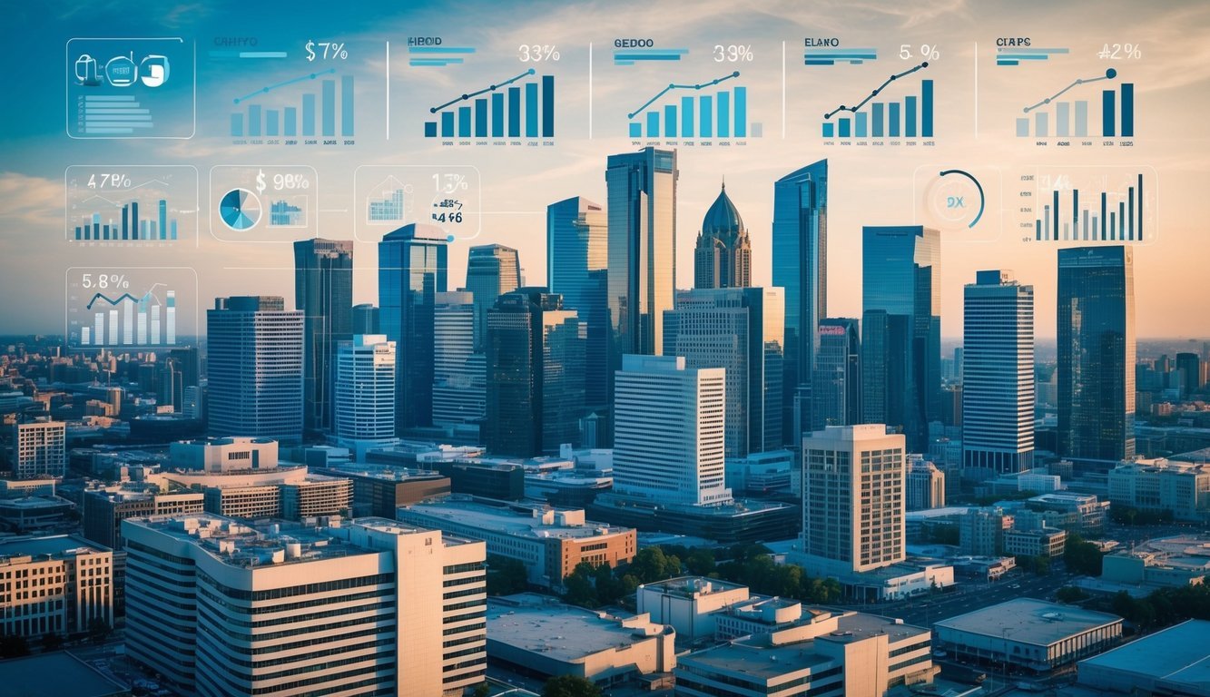 A bustling city skyline with various businesses and financial institutions, surrounded by graphs and charts illustrating economic activity and taxation