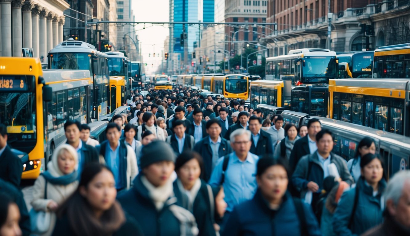 A bustling city street with buses, trains, and commuters, showcasing the vital role of public transportation in urban economics