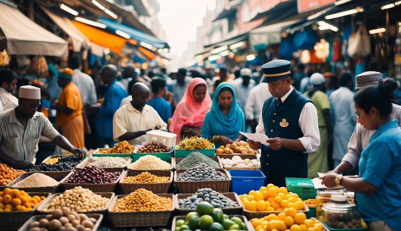 A crowded marketplace with various goods and services being exchanged, while a tax collector observes and records transactions