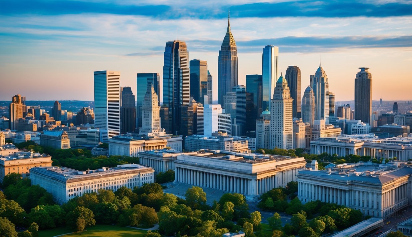 A bustling city skyline with money flowing into government buildings, while businesses and individuals react to tax changes