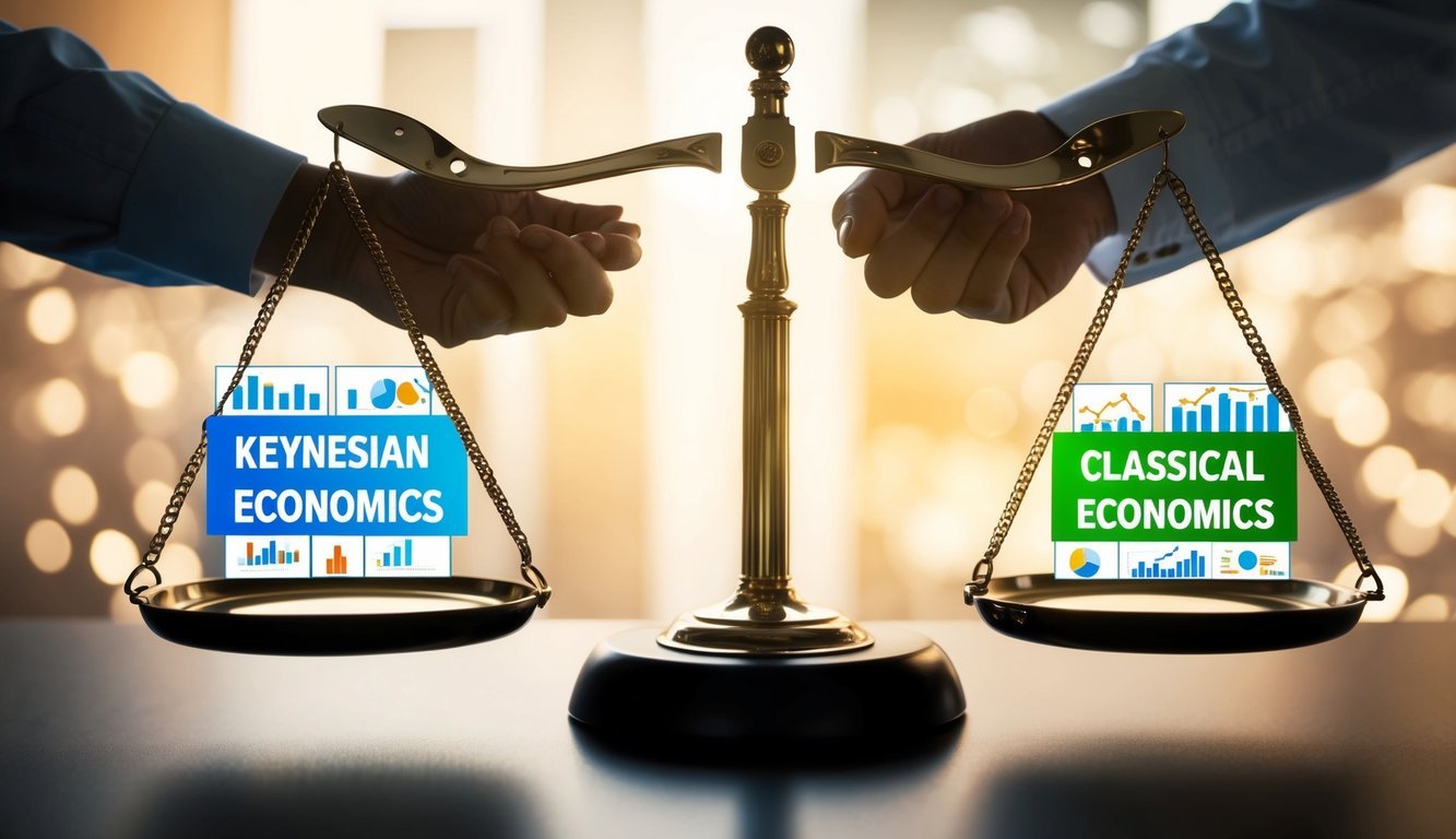 A scale tipping between two sides, one labeled "Keynesian Economics" and the other "Classical Economics," with various economic indicators on each side