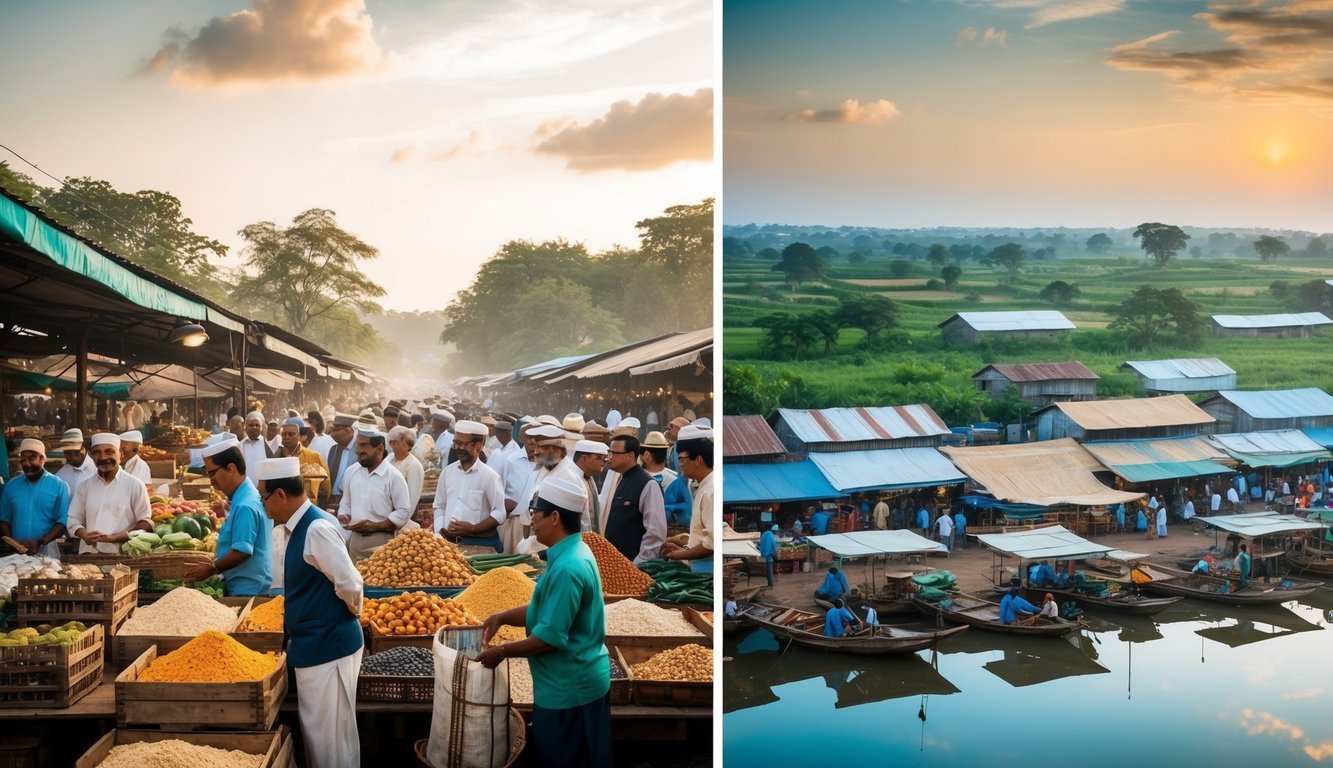 A bustling marketplace with government officials overseeing production and trade, contrasting with a serene countryside scene where markets operate freely