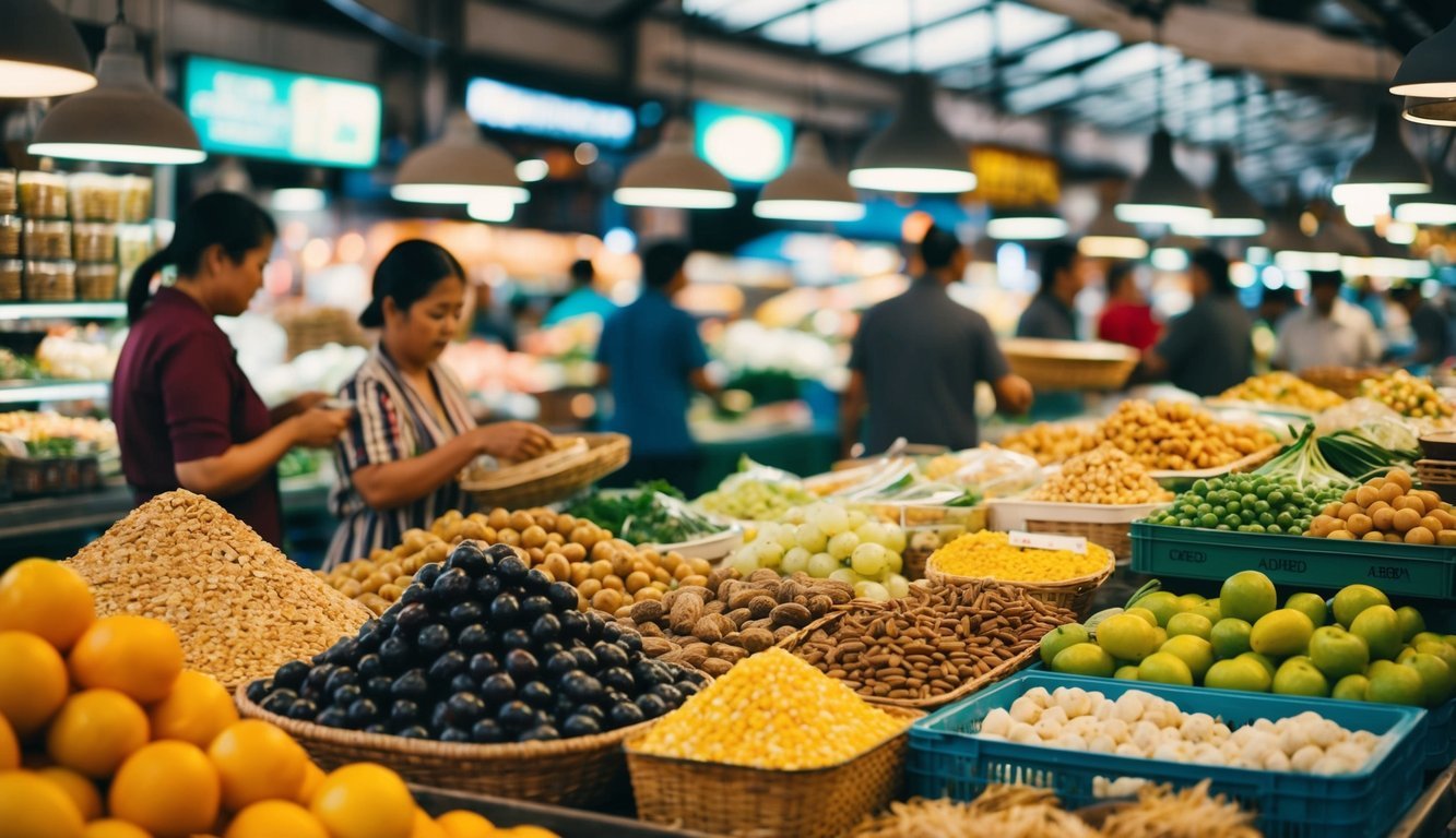 A bustling marketplace with various goods being exchanged, representing the concept of economic interactions and the invisible hand at work