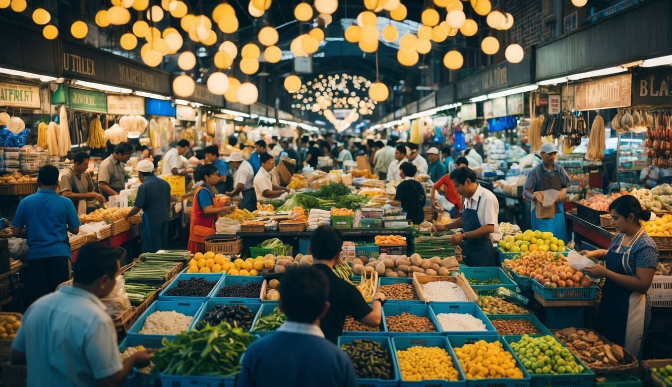 A bustling marketplace with various vendors and buyers exchanging goods and services, reflecting the principles of capitalism and the concept of the "invisible hand" at work