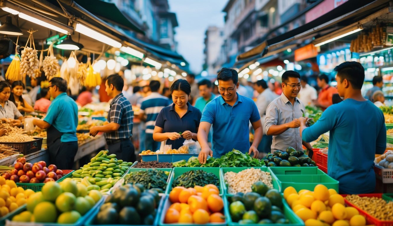 A bustling marketplace with various vendors and consumers, depicting the concept of supply and demand in action