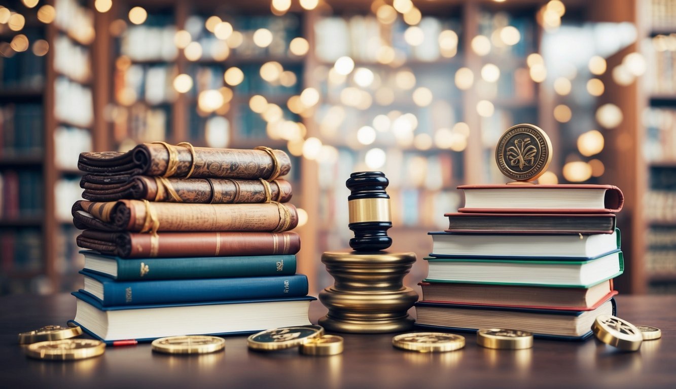 A stack of ancient scrolls and modern textbooks surrounded by symbols of trade and commerce