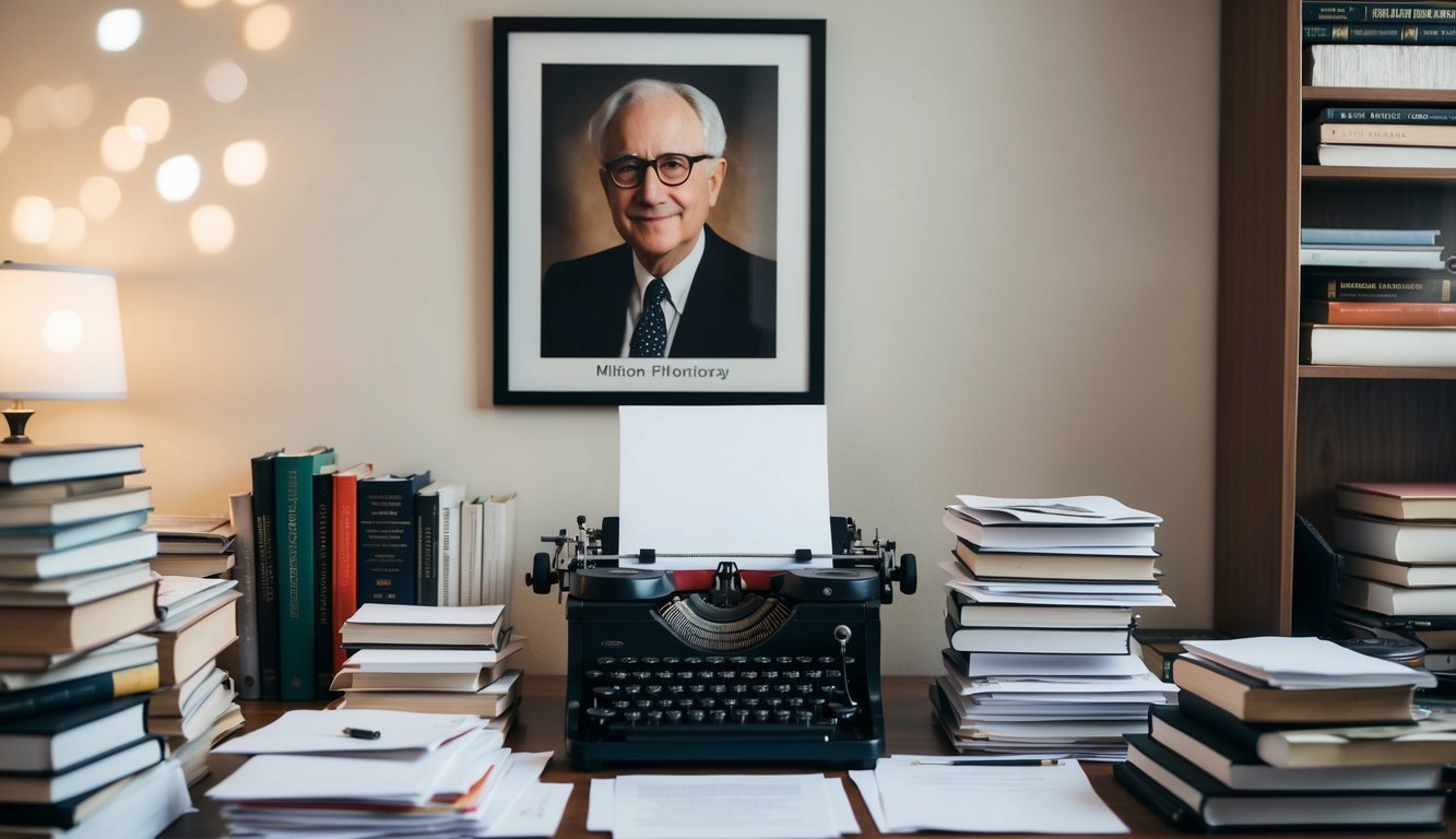 A cluttered desk with stacks of books, papers, and a typewriter.</p><p>A framed portrait of Milton Friedman hangs on the wall