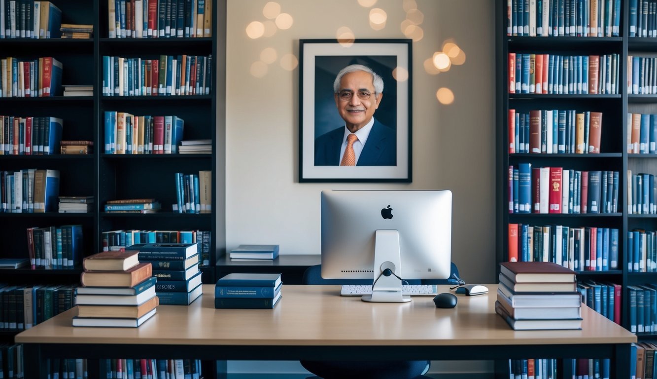 A library with books on economics and education, a desk with a computer, and a framed portrait of Amartya Sen