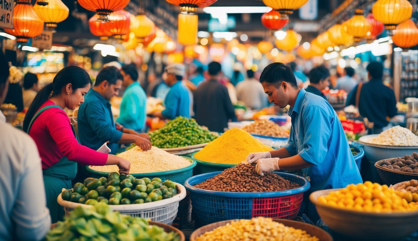 A bustling market with various goods being exchanged, illustrating supply and demand dynamics