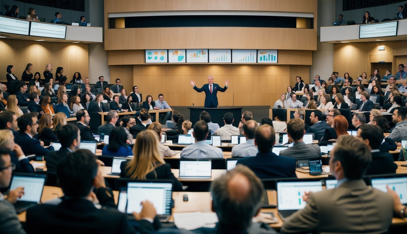 A crowded lecture hall with a prominent figure at the front, surrounded by charts and graphs.</p><p>Engaged audience members are eagerly participating in a lively debate