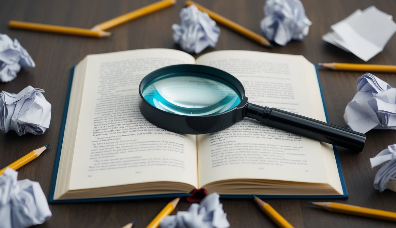 An open book with a magnifying glass hovering over a page, surrounded by scattered pencils and crumpled papers